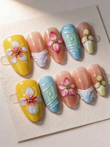 10pcs Medium-Long Almond Shape Summer 3D Gradient Carved Almond Wearable Nails With Polka Dot Floral French Style Fake Nail Stickers, Instantly Enhance Your Appearance, Highlight Personal Simple Elegance, Elegant And Minimalist, Y2K Little Princess Minimalist Sexy Style, Suitable For Women And Girls Daily Use, Also A Delicate Gift For Women And Girls, Press-On Nails Nail Supplies Nails - Multicolor - View 6
