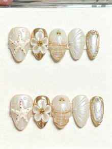 10PCS Minimalist Elegant Ins Daily Versatile Gold Frame Hand-Painted Gold Sand Texture 3D Embossed Starfish Flower Long Water Drop Short Almond Press-On Nails White Gold Color Art Nail Tips - Champagne - View 2
