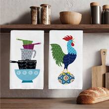 2/4/6Pcs,Vintage Folk Style Kitchen Hand Towels, Carrot Beet Tomato Rooster Cookware Pattern Quick Dry Reusable Cleaning Towels For Cooking Baking Home Decoration,Kitchen Accessories. - Multicolor - View 10