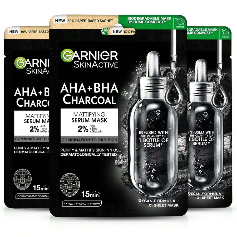 3x Garnier Skin Active Mattifying Charcoal Serum Sheet Mask 28g - Vitamin C - View 1