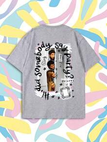 SHEIN X FRIENDS Summer Women Grey Double Sided Door Character Graffiti Letter Print Loose Casual Short Sleeve Tee - Light Grey - View 1