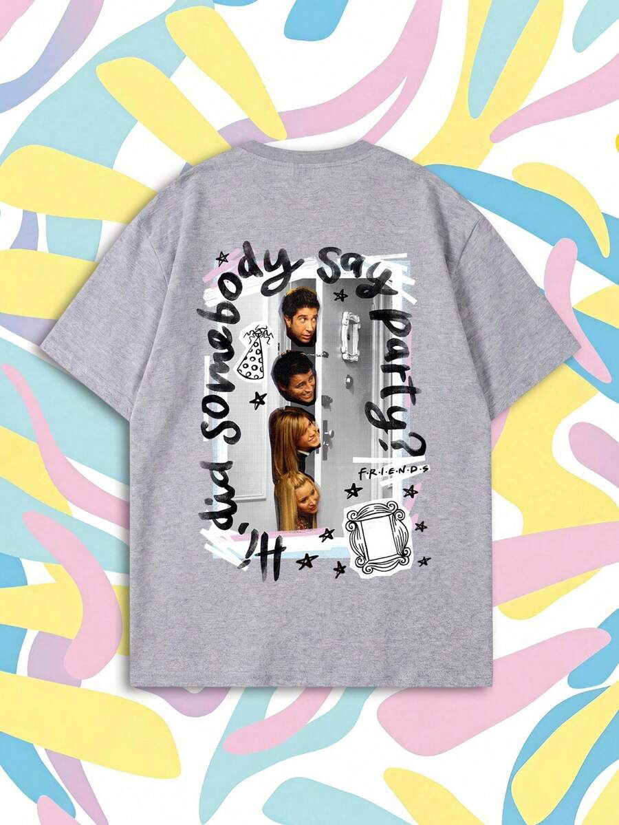 SHEIN X FRIENDS Summer Women Grey Double Sided Door Character Graffiti Letter Print Loose Casual Short Sleeve Tee - Light Grey - View 1