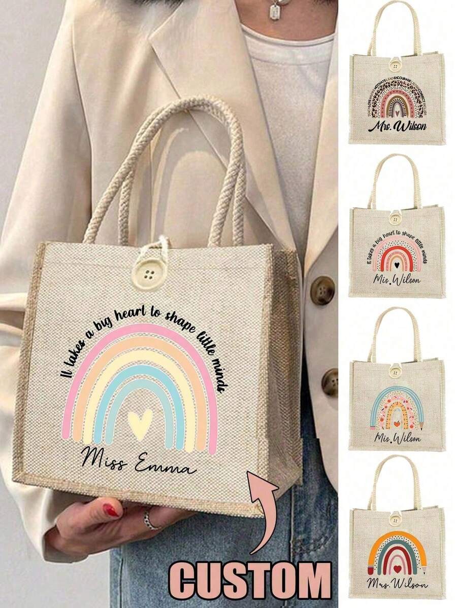 Tas Guru Pelangi yang Dapat Disesuaikan, Tas Tangan Motif Bunga Kapasitas Besar dengan Penutup Jepit, Tas Jinjing dengan Pegangan Kokoh, Hadiah Guru yang Dipersonalisasi - MultiWarna - View 1