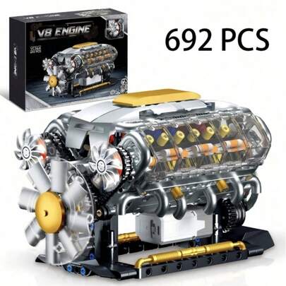 Creative Supercar V8 Engine Building Blocks Toy, V8 Engine Model Assembly Toy, Customizable MOC Mini V8 Engine Model Toy, Adult STEM Construction Project, Physics Science Educational Toy, Desktop Display Model, Birthday Gift, 692pcs Building Blocks Toy