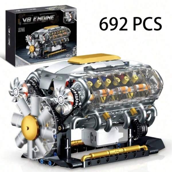 Creative Supercar V8 Engine Building Blocks Toy, V8 Engine Model Assembly Toy, Customizable MOC Mini V8 Engine Model Toy, Adult STEM Construction Project, Physics Science Educational Toy, Desktop Display Model, Birthday Gift, 692pcs Building Blocks Toy