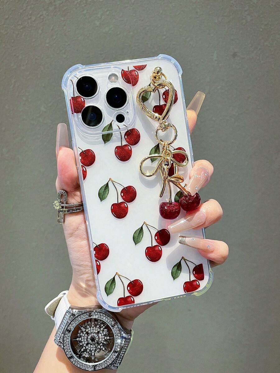 1pc Transparent Solid Color Phone Case With Camera Protection And Cute Cartoon Cherry Pattern, With Cherry Pendant Charm, Compatible With Iphone18/18Pro/17Promax/17/17Air/17pro/17promax/16/16Pro/16plus/16Promax/15/14/13/12/11/ 13, 14 Pro Max, 11 - Soft TPU Shockproof Anti-Drop Phone Shell Protective Cover