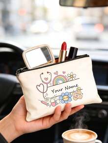 Custom Name Canvas Makeup Pouch, Lovely Doodle Floral Rainbow Pattern Zipper Storage Bag, Lightweight Portable Travel Cosmetic OrganizerVersatile Stationery Pencil BagIdeal Personalized Birthday PresentForYoung WomenGirls Daily Small Item Carry Pouch - Multicolor - View 4
