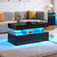 Living Room Coffee Table With LED Light, Modern High Gloss Center Table With Storage - Black - View 1
