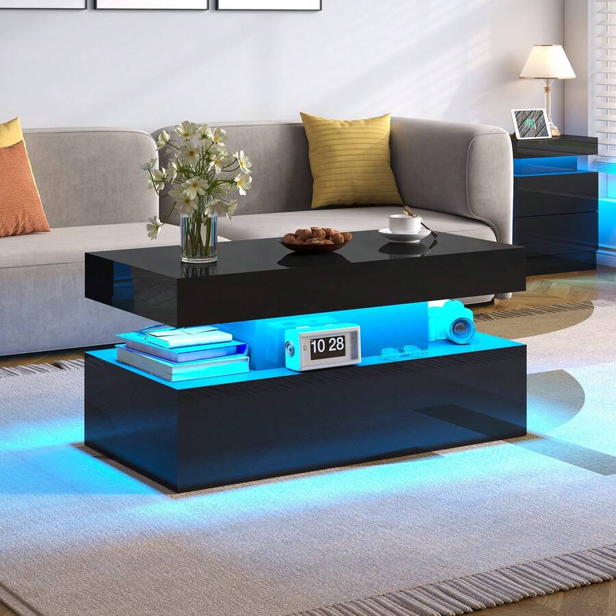 Living Room Coffee Table With LED Light, Modern High Gloss Center Table With Storage - Black - View 1