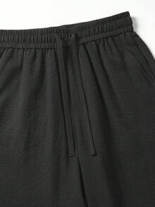 1件裝男士黑色仿亞麻紋理寬腿長褲，休閒長褲，垂墜直筒版型，透氣輕量面料，沙灘褲，夏季涼爽長褲，適合夏季沙灘慵懶休閒風格 - 黑色 - 查看 7