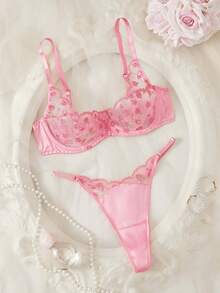 Fashionable French Style Pink Ladies Bra Set, Sweet Mesh Embroidery Sexy Lingerie, Sheer Exotic Inspired Women's Intimate Apparel - Pink - View 1