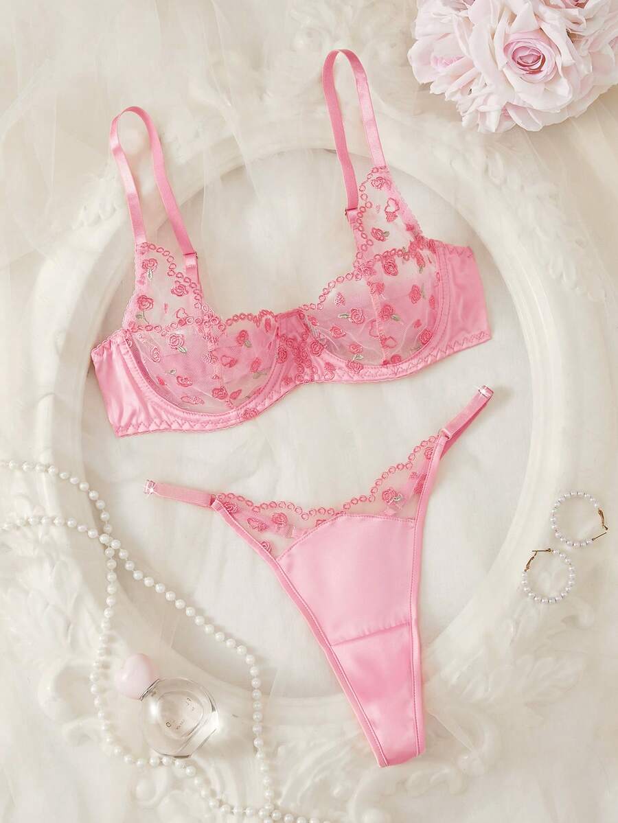 Fashionable French Style Pink Ladies Bra Set, Sweet Mesh Embroidery Sexy Lingerie, Sheer Exotic Inspired Women's Intimate Apparel - Pink - View 1