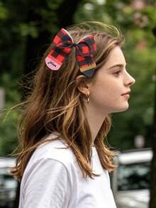Custom Back To School Girls' Bow Hairclips, Leopard Print & Plaid Pencil Pattern Printed Hair Clips - Multicolor - View 6