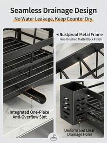 1 PACK Collapsible Kitchen Dish Rack Countertop Drying Rack With Cutlery Basket And Drip Tray Foldable Space Saving Design Dish Drainer Rack For Home Kitchen Counter Organization Storage - Black - View 6
