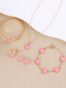 6pcs/Set Lucky 4-Leaf Clover Design Bracelet, Necklace, Earrings, Bangle And Ring Set - Pink - View 3