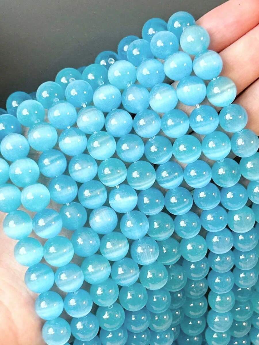8mm Natural Lake Blue Cat Eye Beads, High Quality Smooth Round Beads, Loose Beads, Jewelry Making Materials, Opal Stone, DIY Bracelet - Multicolor - View 1