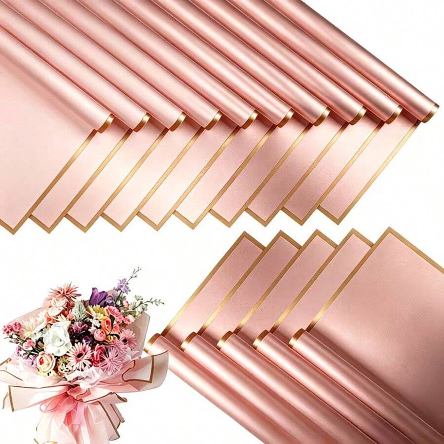 20pcs Gold-Edged Luxury Pink Floral Wrapping Paper, Matte Texture, Waterproof, Wrinkle-Resistant, Wide Gold-Edged Design, Elegant And Durable, Suitable For Bouquets, Gift Boxes, Valentine's Day Floral Wrapping, Handmade DIY Floral Materials - Rectangle - View 1