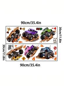Wall Decals With Monster Trucks In Watercolor, Pink And Purple, Stickers For Boys' Toddler Rooms - Multicolor - View 2