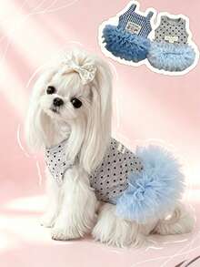 Cute Striped/Heart Pattern Pet Collar Dress With Leash Ring, Soft Tulle Skirt, Suitable For Small And Medium Dogs, Handmade, Sweet Pet Outfit, Dog Costume, Dog Clothes, Dog Supplies - Multicolor - View 6