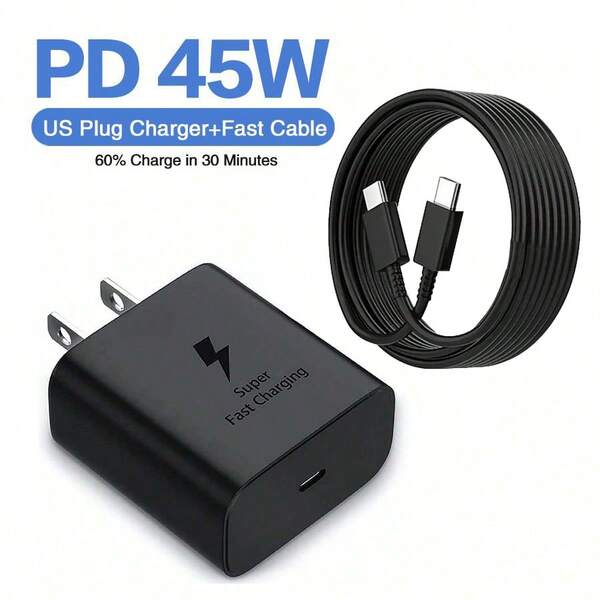45W Super Fast Charging Type C USB-C Wall Charger, Compatible With Galaxy S23 Plus S24 S22 Ultra/S22+/S22, Note 10+/Note 20/S20/S21, Z Fold 4/Z Flip 4, Galaxy Tab S7/S7+/S8/S8+/S8 Ultra, 5A 45W USB C PD Super Fast Charging US Standard Charger, Compatible With Samsung S20 S21 FE S22 S23 S24 Plus Note 20 Ultra Z Flip 3 4 5 A14 A15 A25 A53 A54 A55, Type C To Type C Fast Charging Cable