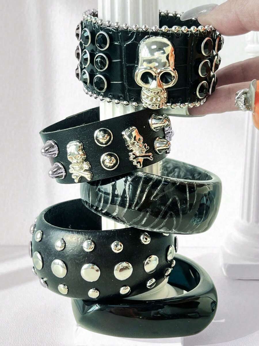 1pc Punk Style Black & White Contrast Resin Bracelet, Multi-Element Rivet Design With Star Decor, Asymmetric Round Jewelry Fashion Gift For Women, Suitable For Daily Wear - Multicolor D - View 1