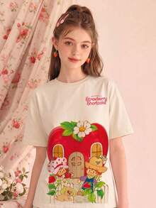 女款夏季 T-shirt，可愛草莓屋印花寬鬆休閒 T-shirt，適合日常甜美女孩風格 - 杏色 - 查看 2