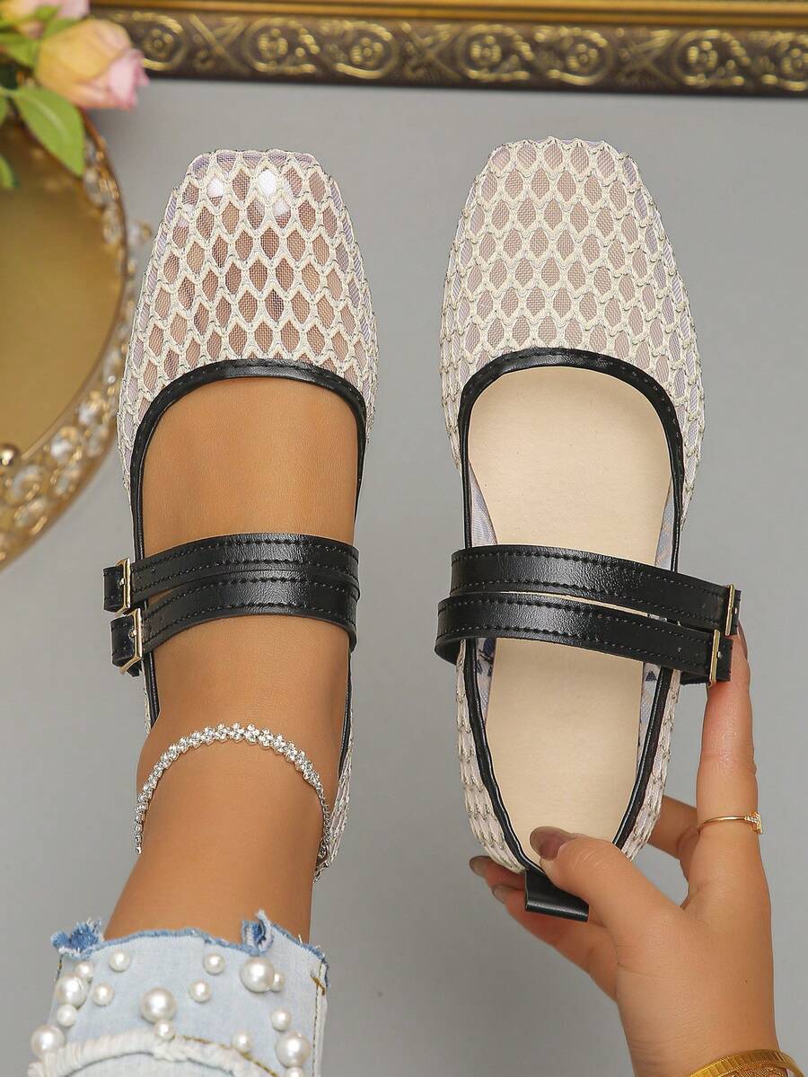 Women's Wide Fit Ballet Flats, Mesh Upper With Double Buckle Design, Summer/Autumn Elegant Style, Casual/Commute Beige Flat Shoes, Random Pattern - Beige Grid - View 1