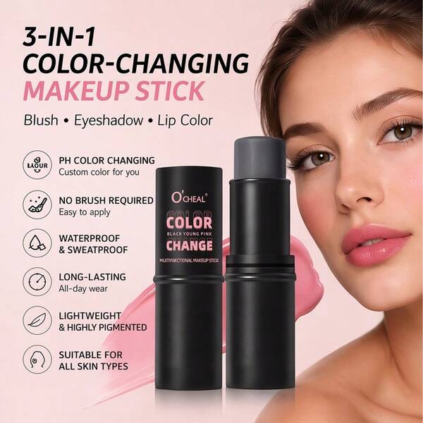 Barra de maquillaje 3 en 1, barra de rubor, barra de sombra de ojos y barra de color de labios - Mezclable, sin necesidad de pincel, resistente al agua y al sudor, de larga duración, ligera, textura mate, altamente pigmentada, adecuada para todos los tipos de piel.