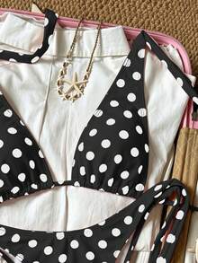 2pcs Polka Dot Elegant Halter Neck Back Tie Open Back Bikini Top With Side Tie Bikini Bottoms, Beach Pool Water Sports Seaside Women's Summer - Black - View 5