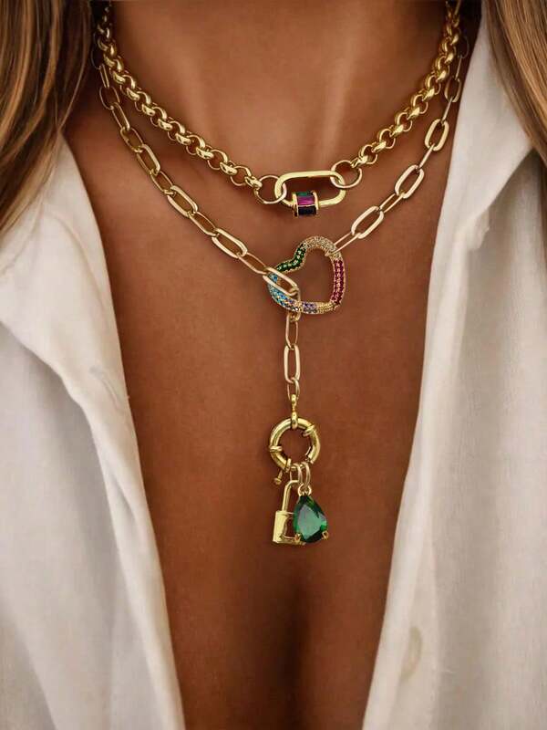 1pc Gold Heart-Shaped Necklace With Clasp And Green Diamond Pendant Chain, Ideal Exquisite Holiday Party Gift For Women