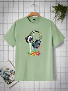 Manfinity VCAY Herren Kurzarm-T-Shirt mit Kopfhörer-Aufdruck, Geschenk für Urlaub, Ferien, Vatertag - Minzgrün - Übersicht 1