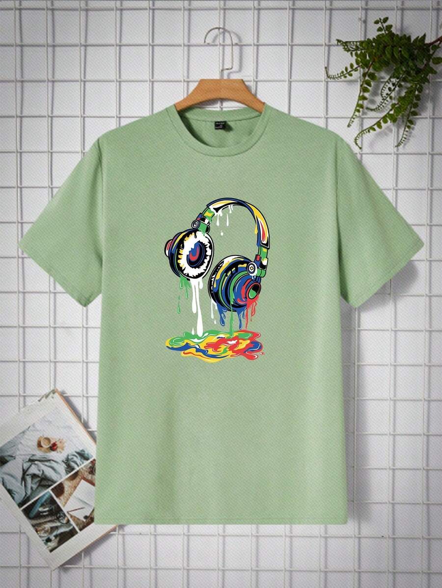 Manfinity VCAY Herren Kurzarm-T-Shirt mit Kopfhörer-Aufdruck, Geschenk für Urlaub, Ferien, Vatertag - Minzgrün - Übersicht 1