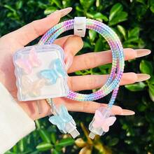 5件組充電器保護套 雷射效果蝴蝶卡通裝飾，適用於 (20W/18W) 充電器組，可愛粉色繽紛線材保護套，完美節日禮物 - 彩色 - 查看 7