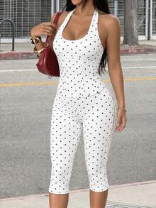 AIJ Women's Elegant Polka Dot Print Halter Neck Backless 2 Pieces Set, Elastic Slim Fit Casual Sexy Outfit, Suitable For Daily Wear, Commuting, Outings, Holiday Matching, Random Print - White Background With Black Dots - View 5