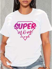 Women's Casual Sports T-Shirt With Round Neck, Elastic, Short-Sleeved, Printed With The Lettering "SUPER MOM", Spring/Summer Fashion, Women's Casual S - 白色 - 查看 12