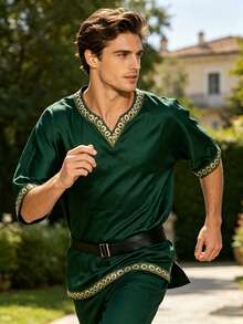 Men's Dark Green Medieval V-Neck Short Sleeve Gold Trim Cosplay Costume, With Black Belt, Renaissance Style Halloween Performance Outfit - Green - View 2