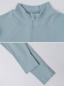 Leorrey 1pc Women's Ribbed Double Zipper Stand Collar Fitness Workout Yoga Running Cycling Long Sleeve Sports Jacket - Baby Blue - View 3