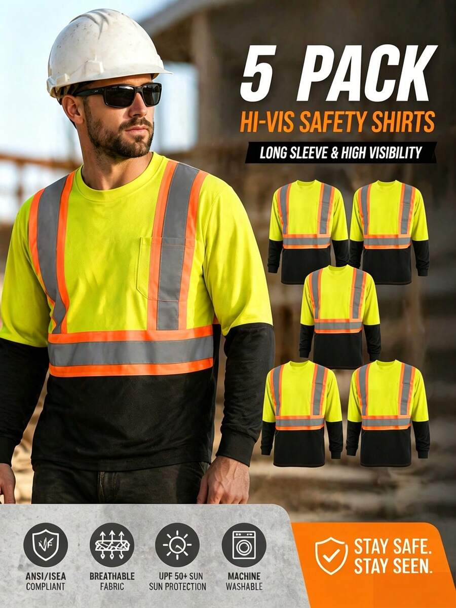 5-PACK Men's High Visibility Reflective Long Sleeve Work Shirt Class 2 Color Block-Inspired Construction Top With Chest Pocket