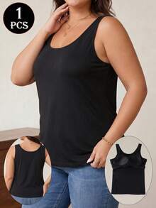 1pc Women's Plus Size U-Neck Built-In Bra Tank Top, Soft Modal Elastic Fabric, Breathable Support Loose Fit, Basic Casual Sleeveless Top - Black - View 6