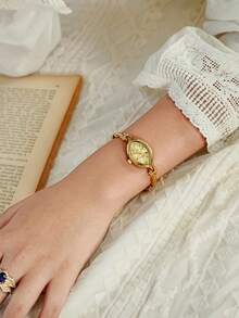 LSVTR 1pc Women's French Vintage Floral Chain Bracelet Watch, Gold Leaf-Shaped Dial Quartz Watch, Elegant Jewelry Wristwatch, Suitable For Daily Wear And Gift - Gold - View 8