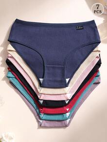 7pcs/paquete Bragas de Algodón a Cuadros de Cintura Baja para Mujer, Suaves, Transpirables, Elásticas y Cómodas, Adecuadas para Yoga y Uso Diario - Multicolor - Ver 2