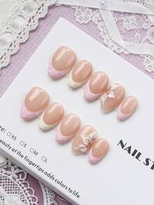 10pcs Handmade Almond-Shaped Classic French Pressed Flower False Nails, Sweet Nude Pink And White Polka Dot, Handmade 3D White Flower Decoration, Suitable For Party, Dance, Daily Wear, Comes With Tool Set, Perfect Gift For Women And Girls - Pink - View 3