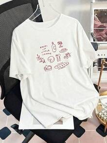 大尺碼女款日常食物素描印花圓領短袖休閒春夏秋季T恤上衣，白色，適合夏季度假 - 白色 - 查看 10