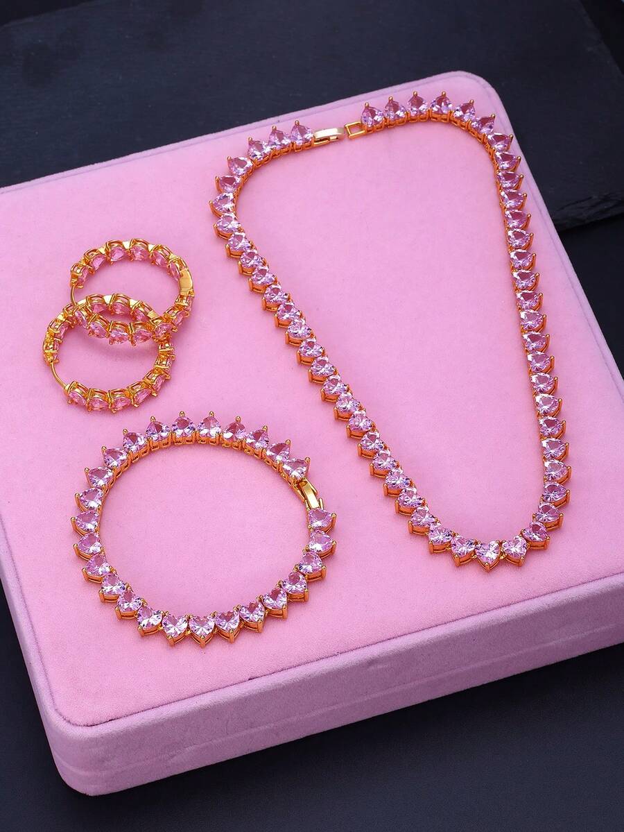 Pink Heart-Shaped Zirconia Tennis Jewelry, Sparkling Heart-Shaped Crystal Necklace, Bracelet And Earrings, Luxury Women's Necklace Jewelry, Gentle Elegant Valentine's Day Gift Jewelry, Suitable For Couples To Wear, Elegant Gift Set For Party Dress-Up - Pink Heart-shaped  Jewelry - View 1