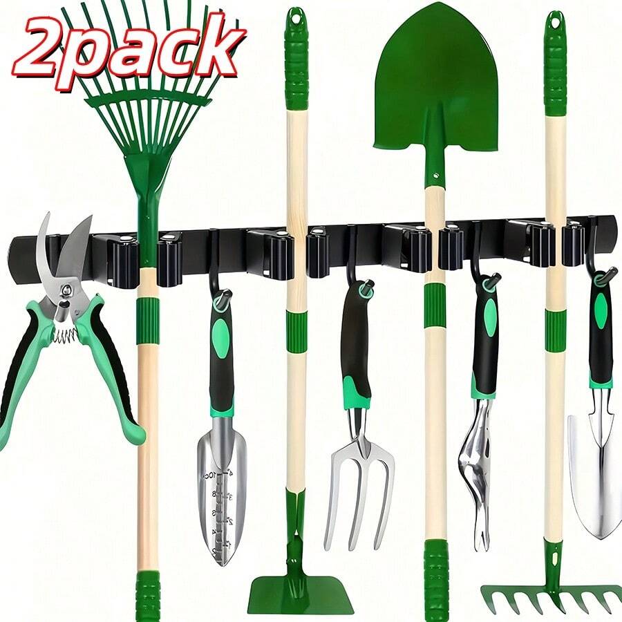 Heavy Duty Stainless Steel Tool Storage Rack With 4 Slots And 5 Hooks - Wall-Mounted Green And Black Dual-Color Storage Rack, Suitable For Gardening Tools, Brooms, Mops, Garage Equipment - Durable Multi-Functional Space-Saving Design, Tool Rack, Sturdy Design, Solid Structure, Suitable For DIY Enthusiasts, Storage Rack. Easter Gift, Mother's Day Gift.