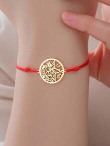 LIKGREAT 1pc Men's Fashion Vintage Pentagram Hollow Round Charm Adjustable Red & Black Braided Bracelet, Minimalist Couple Niche Versatile Hand Accessory - Bracelet Series - View 3