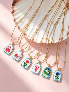 1pc Stainless Steel Chain Star Pendant Necklace, Sun Moon Star Oil Drop Exquisite Pendant Necklace, Flower Pattern Charm, Women's Fashion Jewelry, Vacation Accessory - Multicolor - View 1