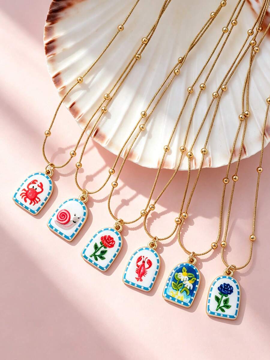 1pc Stainless Steel Chain Star Pendant Necklace, Sun Moon Star Oil Drop Exquisite Pendant Necklace, Flower Pattern Charm, Women's Fashion Jewelry, Vacation Accessory - Multicolor - View 1
