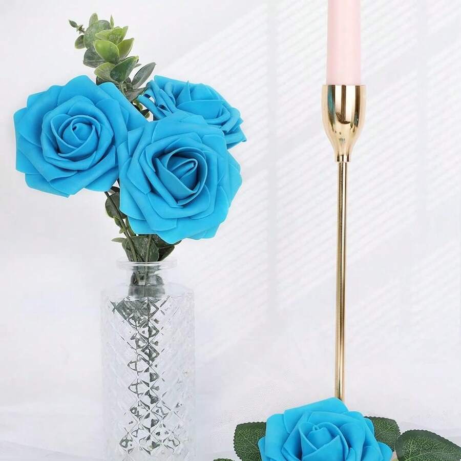 24/48pcs 7.6cm Blue Artificial Rose Heads, Foam PE Fake Rose Heads Without Stems, DIY Handmade Roses, Suitable For Flower Wall, Wedding Arch, Party Gift Box Decoration - Blue - View 1