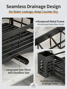 Two-Tier Multifunctional Kitchen Sink Dish Drying Storage Organizer System, Stainless Steel Dish Rack With Drain Tray, Independent Storage Zones For Plates, Cutlery, Knives And Cutting Boards, Space-Saving Large Capacity Kitchen Organizer - Black - View 6
